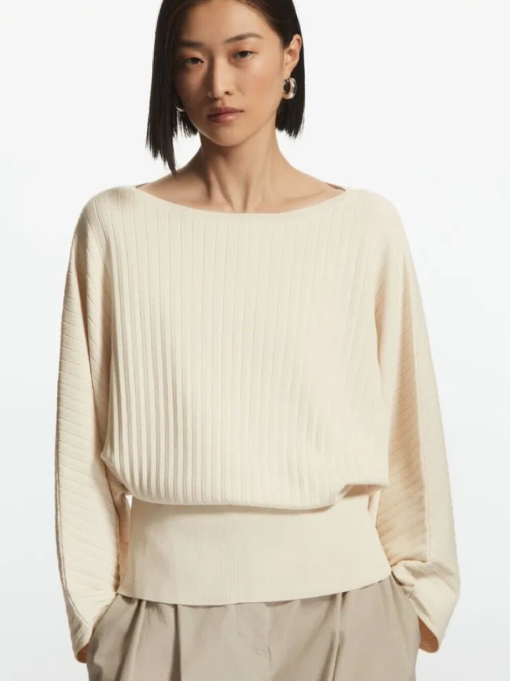 COS Loose-fit Ribbed Knitted Top In Cream